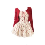 Abito floreale e cardigan lavorato a maglia rosso